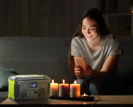 A woman charging a cellphone with a power station next to lit candles.